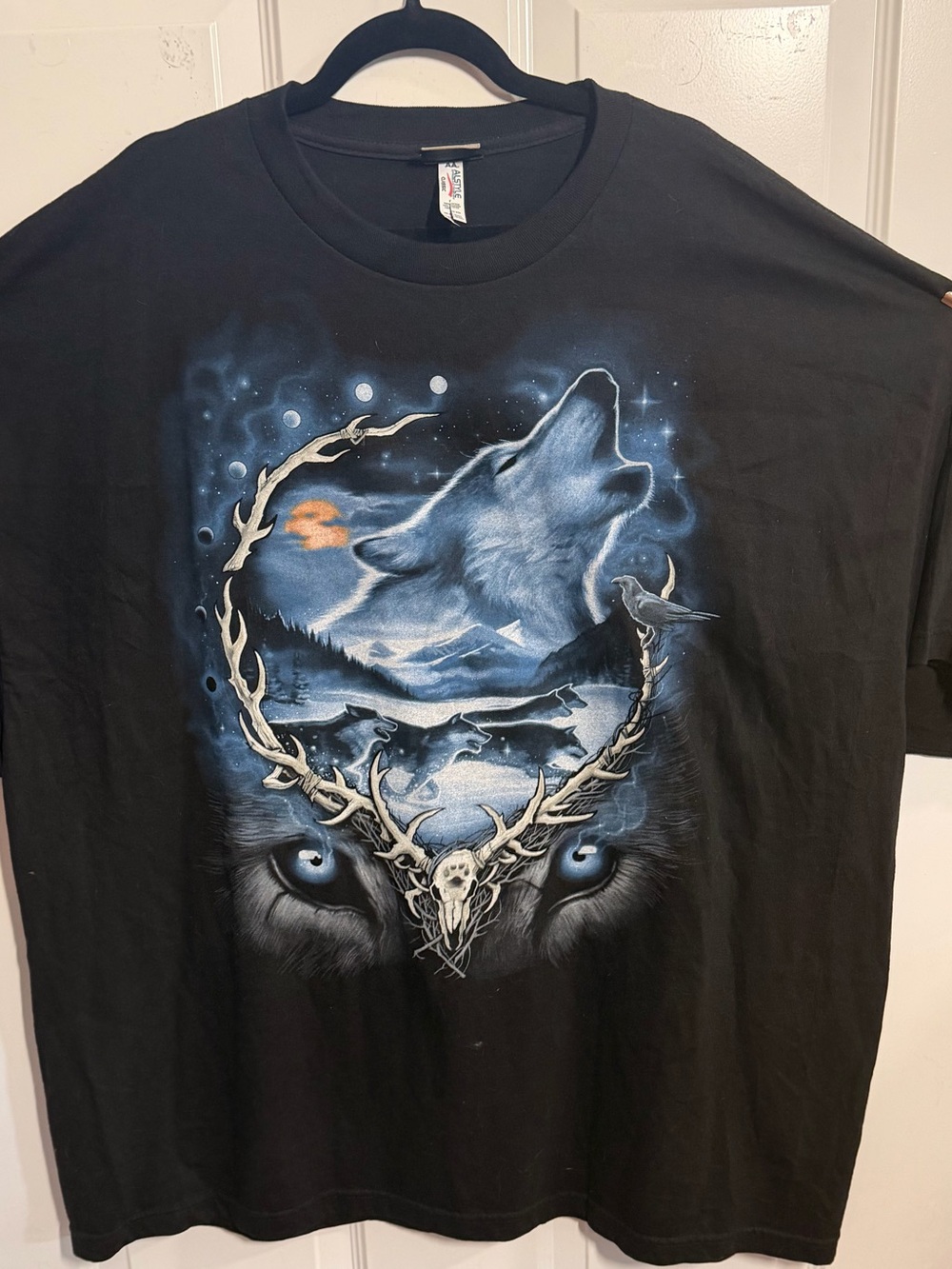 Liquid Blue Black Tee with Blue Wolf and Ivory Antler Motif